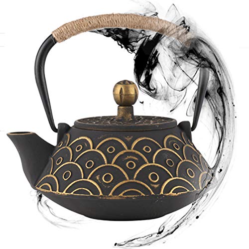 Tetera japonesa de hierro fundido Tetsubin para mejor sabor, infusor de acero inoxidable y dos tazas de té chino (900 ml) diseño antiguo, 2 tazas de hierro – Art Collection & Antique (dorado)