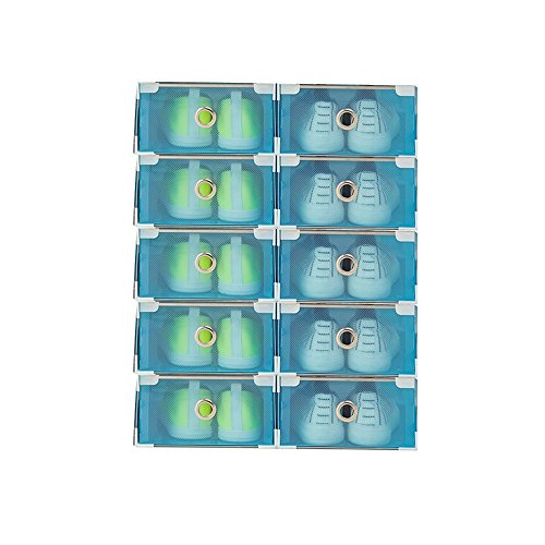 Vinteky® 10x Cajas Almacenaje Plegable de plástico Cajón Organizador Transparente envase de la Caja para Zapatos Apilable Plegable Contenedor. (Azul, Metal Border)