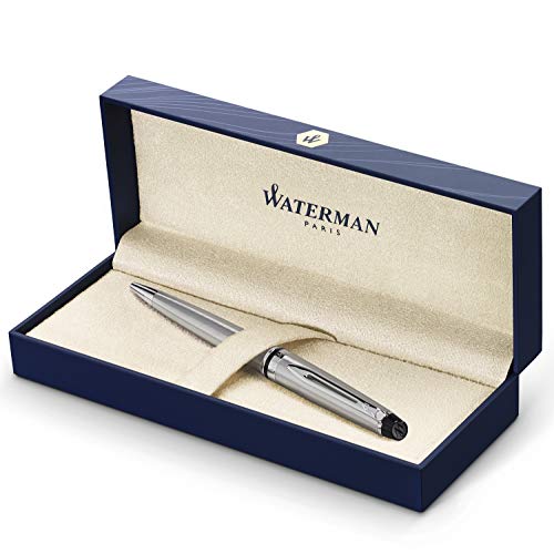 Waterman Expert bolígrafo, acero inoxidable con adorno cromado, punta media con cartucho de tinta azul, estuche de regalo