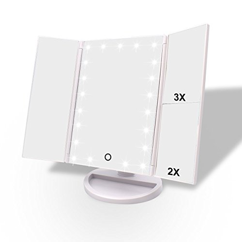WEILY Espejo de Maquillaje de vanidad, 1x / 2X / 3X Espejo de Maquillaje de Tres Pliegues con 21 Luces LED y Pantalla táctil Ajustable Espejo Iluminado Tocador Espejos cosméticos de encimera (Blanca)