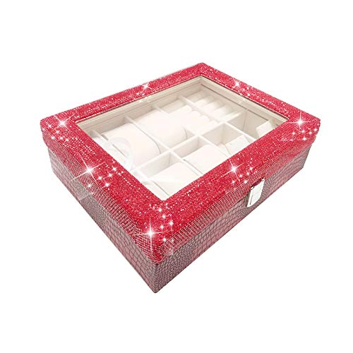 WNN URG - Caja de almacenamiento para reloj de diamantes con múltiples celdas, a prueba de polvo, caja de reloj, aretes, exquisita caja de joyería URG (color: rojo)