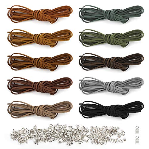 Yangfei 10Pcs 5M*3mm Cuerda de Cuero para Pulseras Cordón para Colgante, Cordón de Cuero Plano Cuerda de Cuero Gamuza Cordon Cuero para Colgante Collares y 200 Extremos de Cordón Bisuteria (10 color)