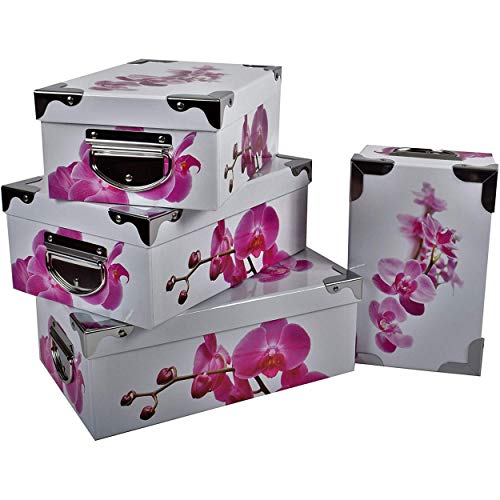 2J Orquídea 4 Pack Cajas de Almacenamiento de cartón Impreso con ángulos y Asas de Metal. Tamaños: 23x15x9,25x16,5x10,27x18x10,5,29x20x11cm