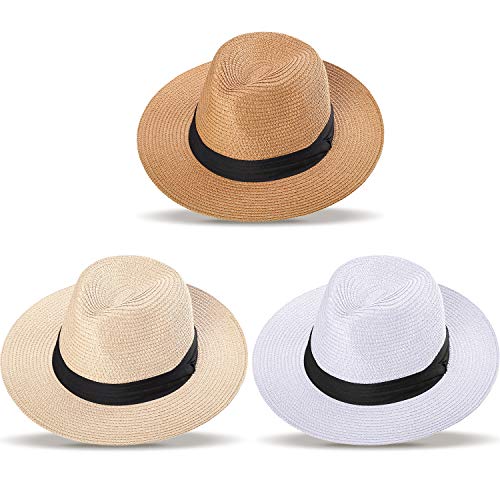 3 Piezas de Sombrero de Paja de Panama para Mujer Sombrero de Paja de ala Ancha Sombrero Enrollable Sombrero de Sol de Playa (Caqui, Marrón, Blanco, Correa Plisada)