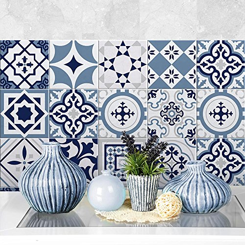 32 (Piezas) Adhesivo para Azulejos 15x15 cm - PS00099 - Azul Fez - Adhesivo Decorativo para Azulejos para baño y Cocina - Stickers Azulejos - Collage de Azulejos