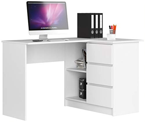 ADGO B16 - Mesa de ordenador esquinera de madera, 124 x 77 x 85 cm, con 3 cajones para un espacio para niños y adolescentes, taller y oficina (correctamente, blanco)