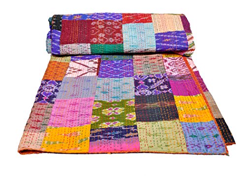 AndExports - Queen Size Multicolored Sari Patchwork Reversible Kantha Quilt, Indian silk sari patola quilt, Recycled Craft, Vintage Kantha Bedspread, Indian Handmade Gudri Bedspread, Unique Piece of Handmade Art by AndExports