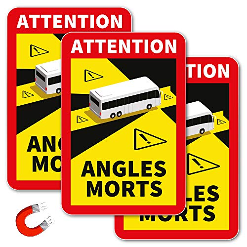 Attention Angles Morts | 3 Pegatinas | Esquinas Muertas sobre Vehículos Pesados para Autobús | Adhesivo magnético UV | 250 x 170 mm