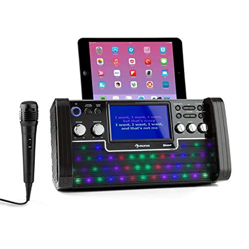 auna DiscoFever - Equipo de Karaoke, Bluetooth, Micrófono dinámico, Entrada AUX, USB, Efecto Eco y Balance, Reproducción programable, Función repetición, Luces LED, Soporte para Tablet, Negro
