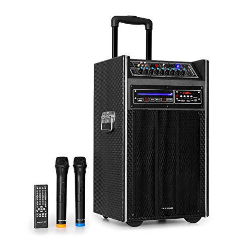 auna Pro DisGo Box DVD - Equipo PA móvil, Reproductor de DVD, Potencia máxima de 300 W, Compatible karaokes o Aplicaciones DJ, Subwoofer de 2 x 10 (25,5 cm), XMR Bass Technology, Negro