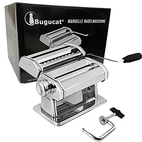 Bugucat Máquina para hacer pasta de acero inoxidable, fresca, manual, cortador con pinza para espaguetis, lasaña, máquina de pasta, fácil de usar y limpiar