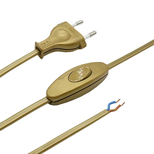 Cable de alimentación con enchufe e interruptor, 1,50 metros, cable de conexión dorado, cable de alimentación con interruptor intermedio y enchufe europeo 2G, 2 x 0,75 mm², 250 V, longitud 1500 mm