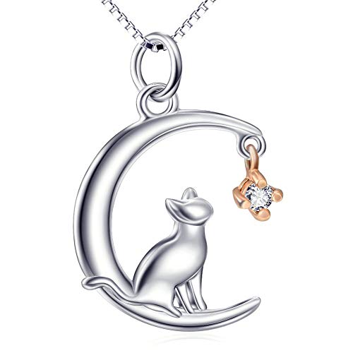 Collar con colgante de gato de plata de ley 925 con diseño de zironia y luna, regalo para amantes de los gatos