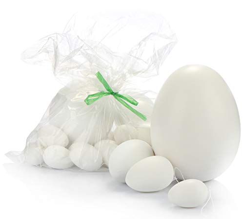 com-four® 25x Huevos Blancos de Pascua Decorativos Hechos de plástico - Huevos de plástico para Colorear y Colgar - Huevos de plástico en Diferentes tamaños