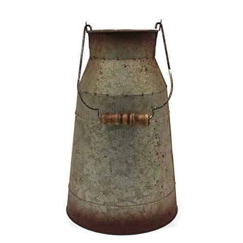 CVHOMEDECO. Leche de metal galvanizado de 25,4 cm con mango de madera, jarrón rústico antiguo para decoración del hogar y jardín.