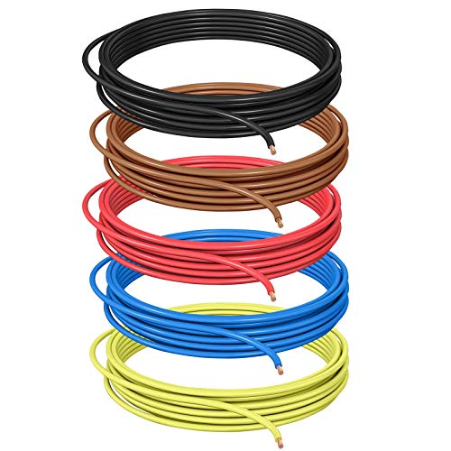 DCSk 1,0 mm² - 10 m - Cable para vehículos FLRY B asimétrico, set de 5 colores, 1,0 mm², cable de coche, rojo, negro, azul, marrón, amarillo, anillo de 10 m