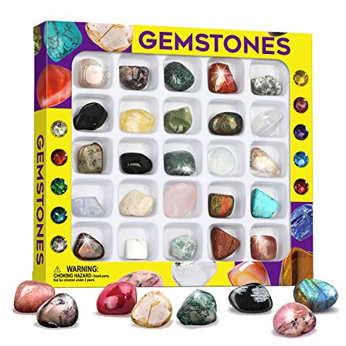 Dr. Daz Colección de gemas minerales de roca para niños, 25 piedras preciosas incluidas