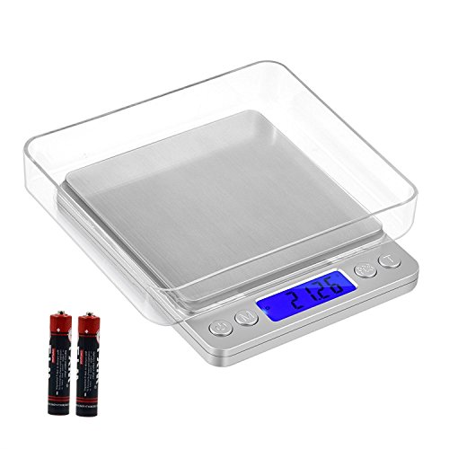 Ewolee Mini Báscula Digital de Bolsillo 0.01-500g, Balanza de Alimentos Multifuncional, Peso de Cocina con 2 Bandejas de Pesaje , Color Plata (Baterías Incluidas)