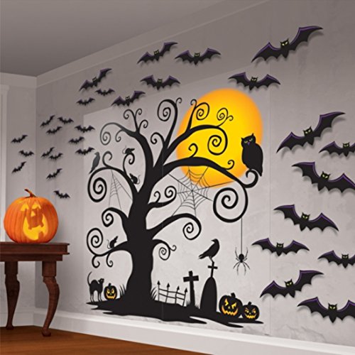 Friedhof - Decoración de pared para Halloween, 32 piezas, decoración de pared, murciélagos, búhos, árboles, Halloween, terrorífico, decoración de pared