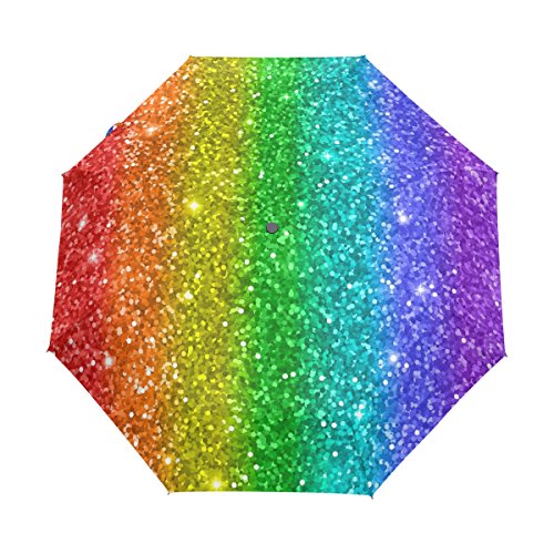 Funnyy paraguas plegable automático colorido arco iris Glitter Star Auto abierto compacto portátil de viaje paraguas para niñas niños mujeres