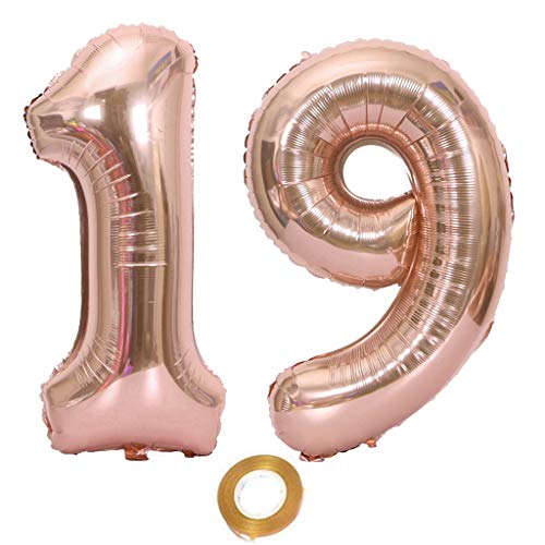 Globos con número 19, número 19, color oro rosa, para niña, globos de 19 cumpleaños, globos de 19 cumpleaños de color oro rosa, número 19, globos grandes, 100 cm