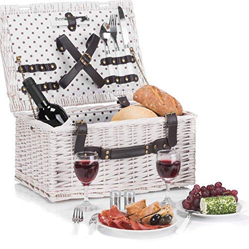 GOODS+GADGETS Cesta de pícnic de mimbre con vajilla, cubiertos, vasos, sacacorchos (cesta de picnic para 2 personas)