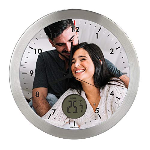 Gran Reloj de Pared Carcasa de Aluminio Cepillado Personalizado con Imagen o Logo (Esfera I) · Mecanismo Silencioso ?Sweep? · Reloj Cocina Pared con Termometro · Incluye Caja de regalo Individual