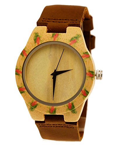 Henny Klein Reloj de pulsera para mujer de diseño ecológico y natural, madera de arce y piel de vacuno, color marrón con diseño de flores y rosas, edición limitada, incluye caja para relojes
