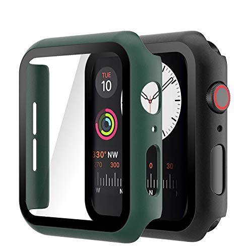 Hianjoo 2 Piezas Funda con Protector de Pantalla Templado Compatible con Apple Watch 44mm, Cubierta Estuche Compatible con iWatch Series 6 5 4 SE, Protección Completa,Antiarañazos, Negro/Verde Oscuro
