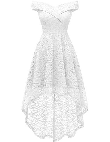 Homrain Vestido Cóctel Vintage A-línea Hi-Lo Elegante Encaje Fiesta Noche Vestido para Mujer White M