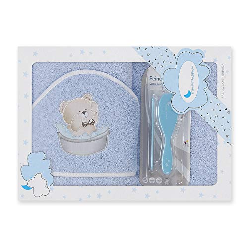 Interbaby Pack regalo bebé. Capa de baño de 1m x 1m + peine y cepillo recién nacido. P1182. (azul)