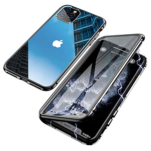 Jonwelsy Funda para iPhone 11 Pro MAX (6,5 Pulgada), Adsorción Magnética Parachoques de Metal con 360 Grados Protección Case Cover Transparente Ambos Lados Vidrio Templado Cubierta (Negro)