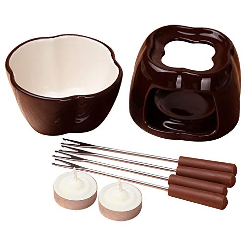 Juego de fondue de chocolate | fondue de queso de cerámica | Multifuncional Melting Tarro con velas calientaplatos y 4 tenedores de acero inoxidable