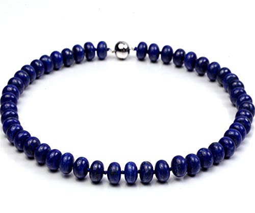 JYX - Collar de piedra natural de lapislázuli de 8 x 12 mm, cuentas redondas planas, de color azul profundo, 48 cm, joyería hecha a mano para mujer