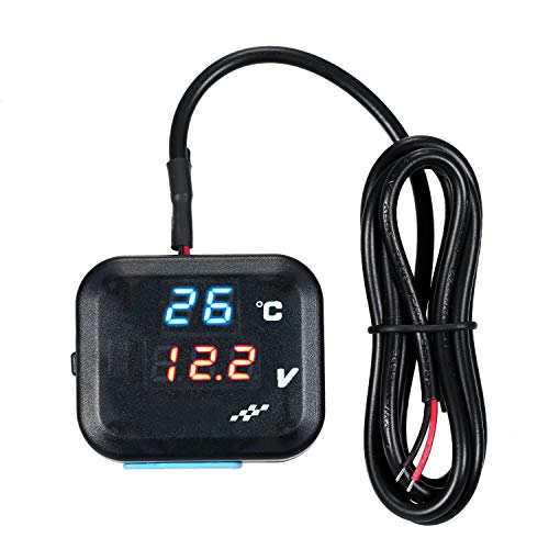 KKmoon Reloj Indicador Temperatura Moto,Voltímetro de Batería Termómetro con Luz Azul/Roja Pantalla LED