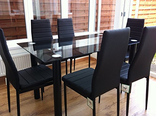 KOSY KOALA Impresionante juego de mesa de comedor de cristal negro y 6 sillas de piel sintética (mesa y 6 sillas)