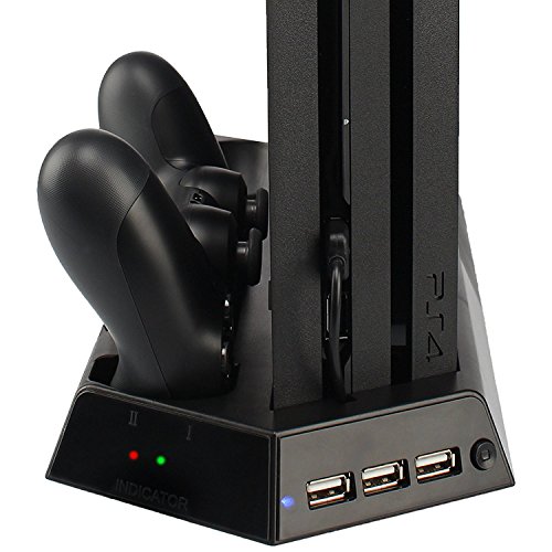 LeSB PS4 Pro Soporte Vertical con Estación de Carga para Mandos con Ventilador de Refrigeración + Hub de 3 Puertos USB, Soporte Refrigeración para PS4 Pro Accesorios, no para PS4 / PS4 Slim