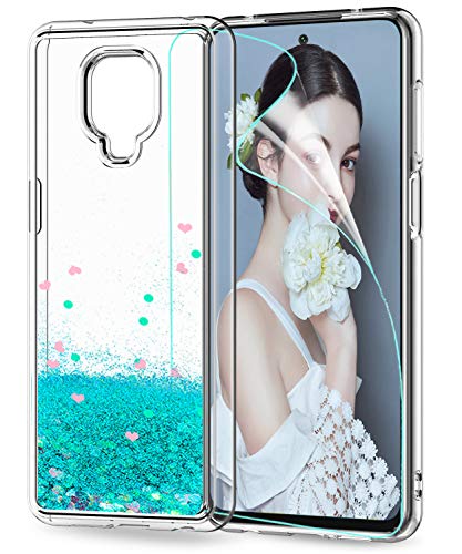 LeYi Funda Xiaomi Redmi Note 9S / Note 9 Pro Silicona Purpurina Carcasa con HD Protector de Pantalla, Transparente Cristal Bumper Telefono TPU Case Cover para Movil Note 9S Verde