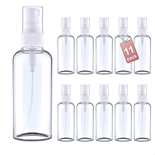 LG Luxury & Grace Pack 11 Botellas de Spray, 100 ml. Botes Pulverizadores de Polietileno Transparente. Botellas Rellenables para Viajes. Envases Atomizadores para Perfumes y Cosméticos.