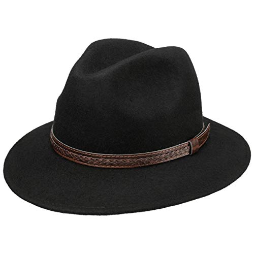 Lipodo Sombrero de Lana Kentucky, Hombre - Sombrero de Lana 100% - Sobrero de Fieltro Fabricado en Italia - Sombrero Traveller con Cinta de Cuero Negro M (56-57 cm)