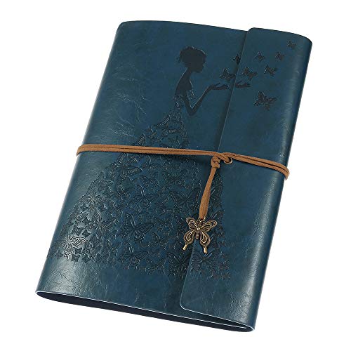 MaleDen - Diario de piel, cuaderno de espiral vintage, recargable, cuaderno de bocetos para escribir con páginas en blanco para regalos de mujeres y niñas (A5, azul profundo)