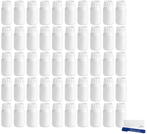 MARKESYSTEM - Botella blanca 250 ml (50 botellas) de plástico, cierre rosca boca ancha - Catering Industrial, Líquidos, Cosmética, Químicos, ADR + Kit Etiquetado, Apta para uso alimentario.