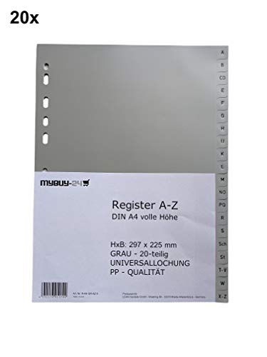 Pack ahorro 20 separadores A-Z A4, 20 unidades, altura completa, perforación universal, PP plástico gris, 225 x 297 mm, letras A - Z