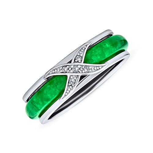Pavimentar CZ Cruzado Zirconia Cúbico X Beso Teñido De Verde Jade Anillo De Banda Para La Mujer Para Novia 925