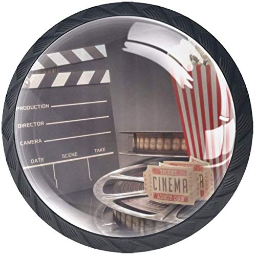 Pomo redondo para armario (4 unidades) – Objetos de entretenimiento antiguos relacionados con el cine película cinematográfica – 1-37/100 pulgadas de diámetro – Pomos para cajones de tocador