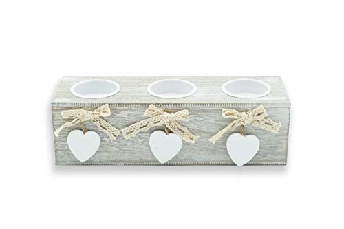 Portavelas de madera, portavelas de mesa con corazón de 3, adornos Shabby Chic, 12 x 6,5 cm (3 velas)