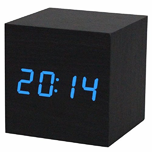 Reloj digital - SODIAL(R) Reloj despertador / reloj de mesa digital de madera con puerto USB, funciona con baterias AAA - Negro /azul