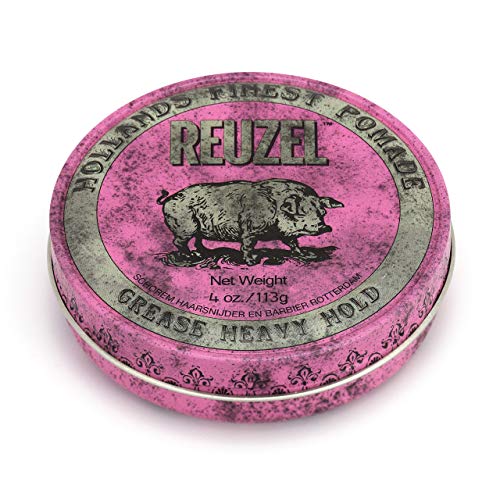 Reuzel - Pink Grease Heavy Hold Pomade - A base de aceite y cera de abeja - Proporciona hidratación y control - Fijación fuerte y brillo medio - Fragancia de manzana - Color perla - Libre de veganos - 4 oz/113 g