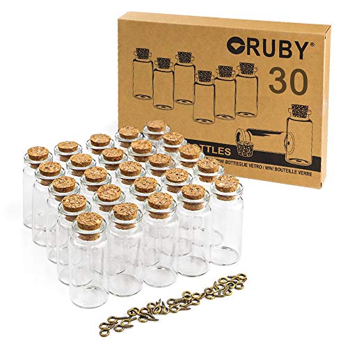 RUBY - 30 Botellas de Deseo 50mm x 22mm (10 ml Aprox), Mini Botellas de Cristal con Tapones de Corcho, Mensaje, Deseo de Fiesta de Bodas. (30 PCS, 50 x 22mm)