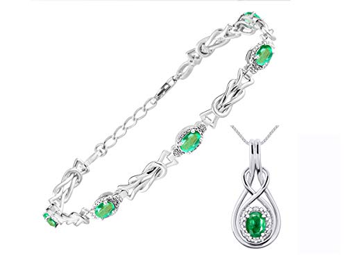 *RYLOS Love Knot Matching Jewelry Set Tennis Bracelet & Necklace, Set With Green Emerald & Diamonds - May Birthstone*